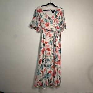 DKNY Floral Wrap Maxi Dress - White with Coral & Teal Accents. Lined. Sz 14.